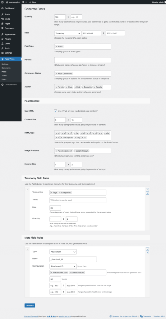 FakerPress > Posts allows us to generate Posts, Pages and any post type registered.