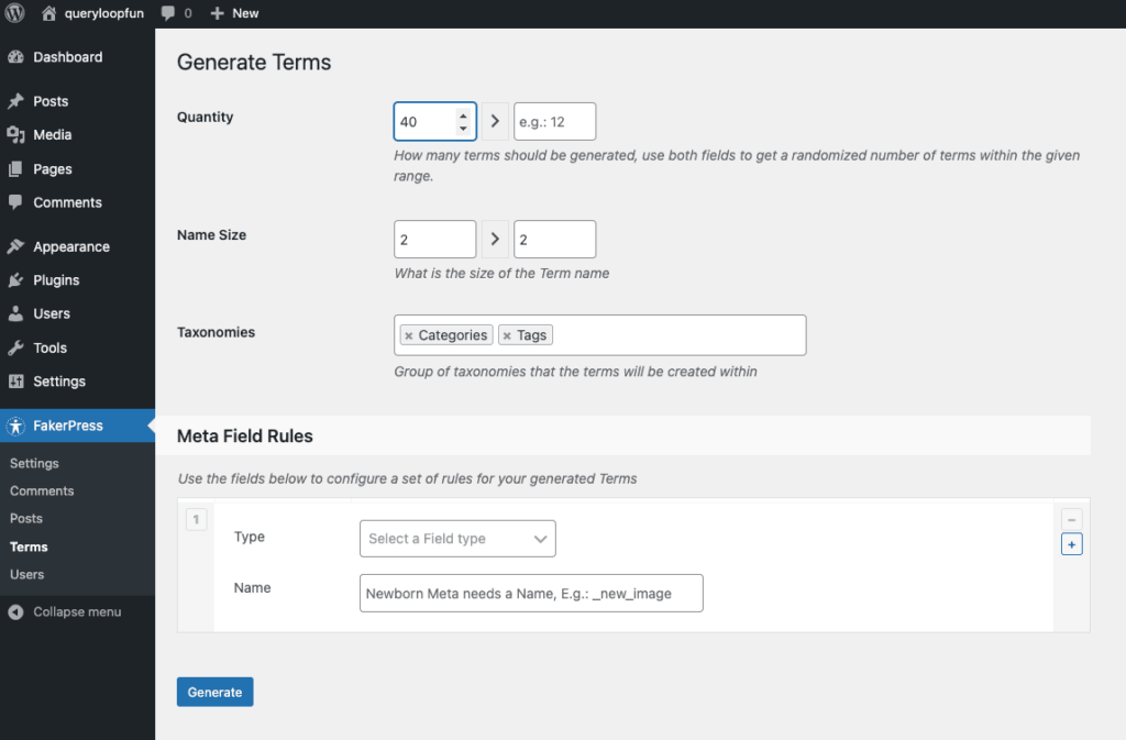 FakerPress > Terms is where you generate tags and categories