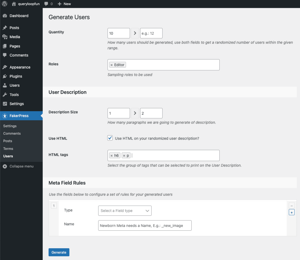 FakerPress > Users - choose number and click 'Generate'.